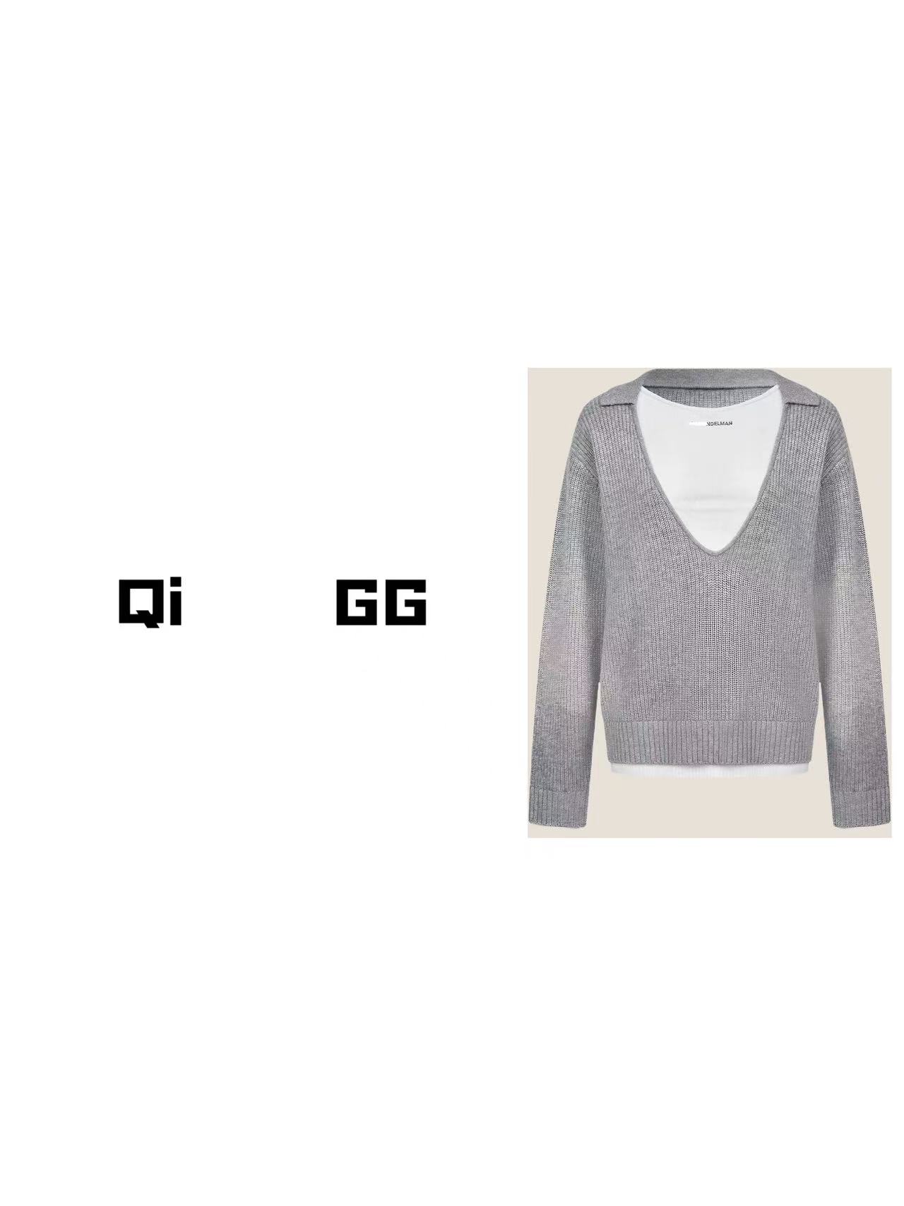 【Qi    GG】灰色针织毛衣女秋冬假两件荡领套头慵懒上衣
