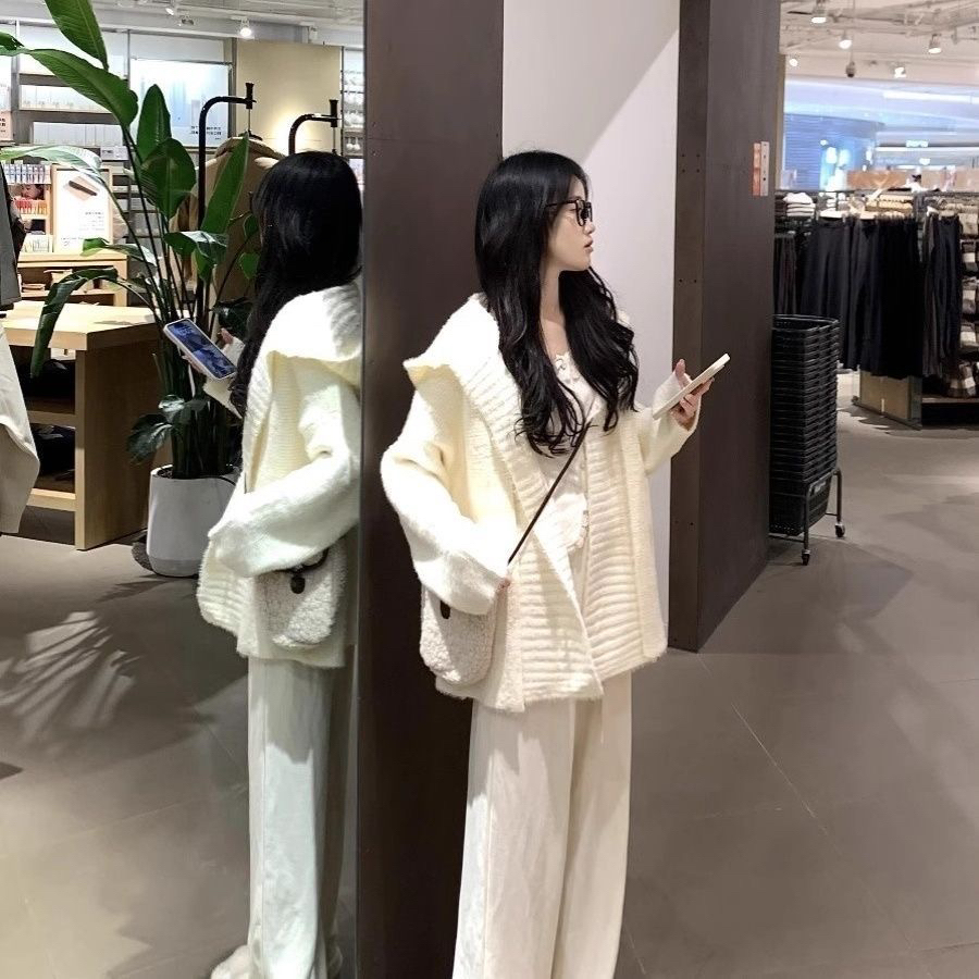 大码胖MM网红翻领休闲秋季连帽针织宽松慵懒风毛针织衫时尚三件套