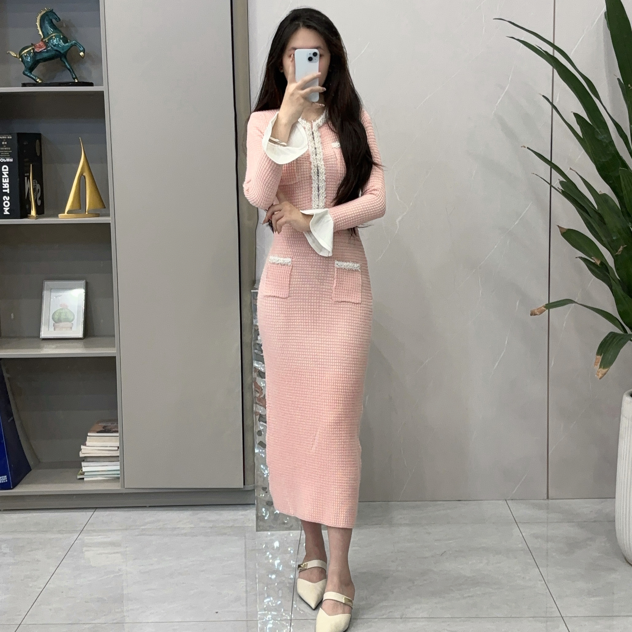 25412气质时尚优雅名媛修身长袖针织显瘦包臀长款连衣裙