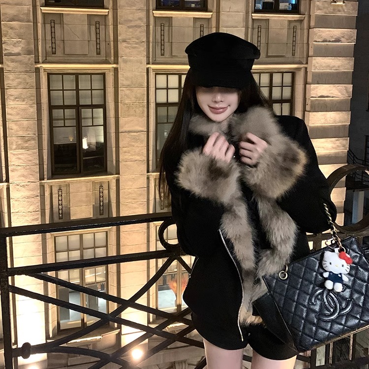 人造皮草 冬季黑色机车保暖加厚皮草外套女冬韩版