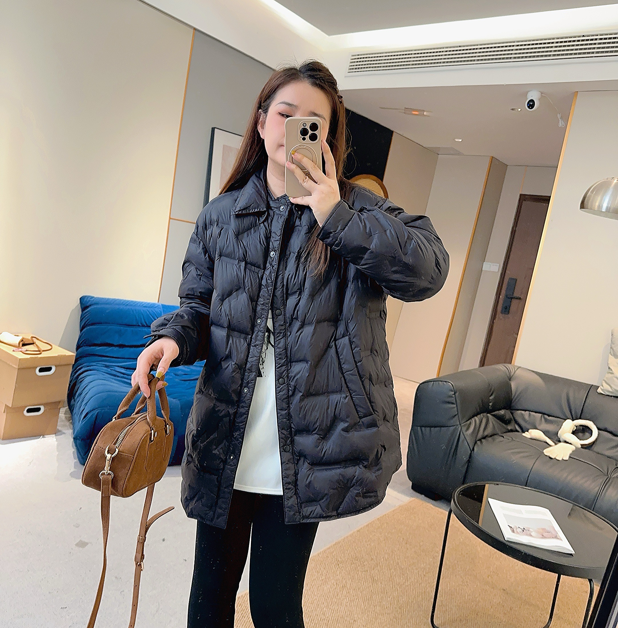 【欧加粒粒】冬季衬衣领时尚大版保暖90白鸭绒中长外套  D25102213