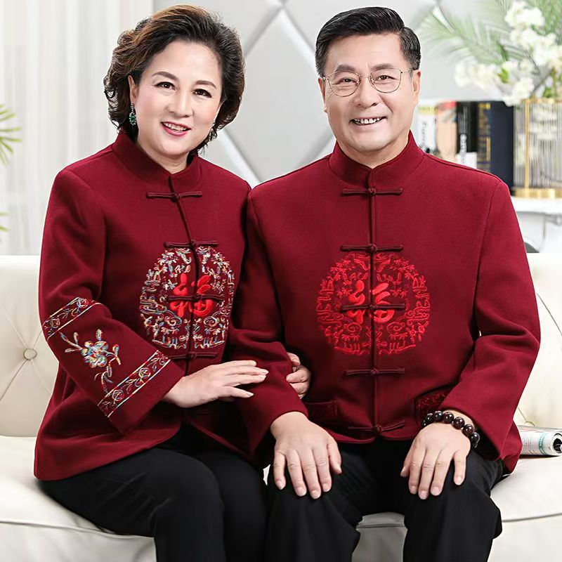 秋冬款复古唐装男老人生日过寿冬款老人中老年爸妈情侣装毛呢外套