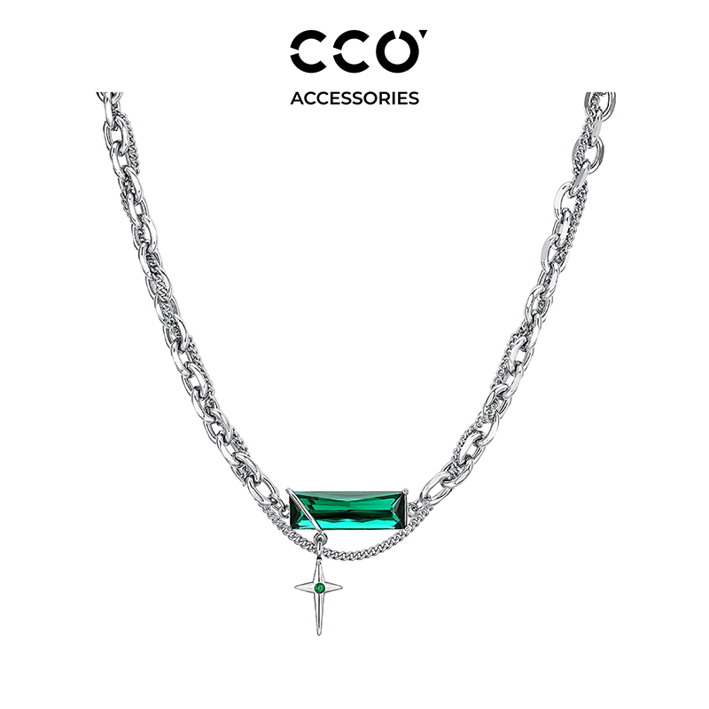 Cirocco 钛钢锆石项链 原创设计男潮冷淡风绿色锆石拼接项链男款