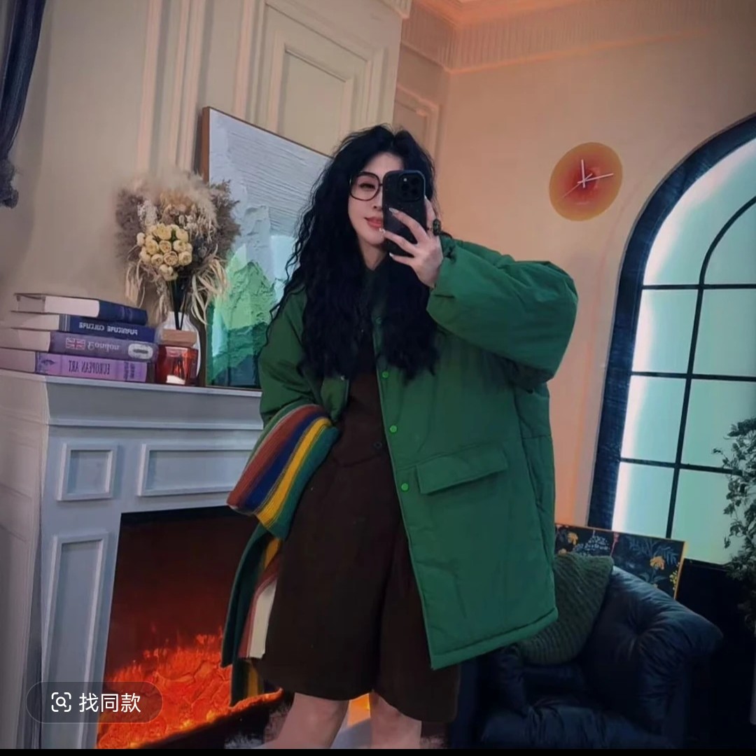 【大萍子家】新款日系休闲风宽松中长款单排扣绿色女士棉衣3070