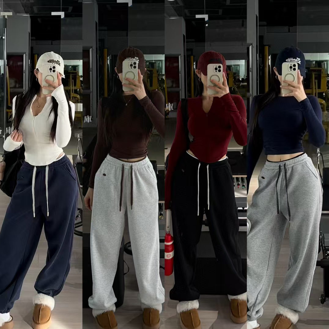 AJS-韩系雪地束脚裤女冬季加绒加厚撞色高腰卫裤宽松休闲裤子