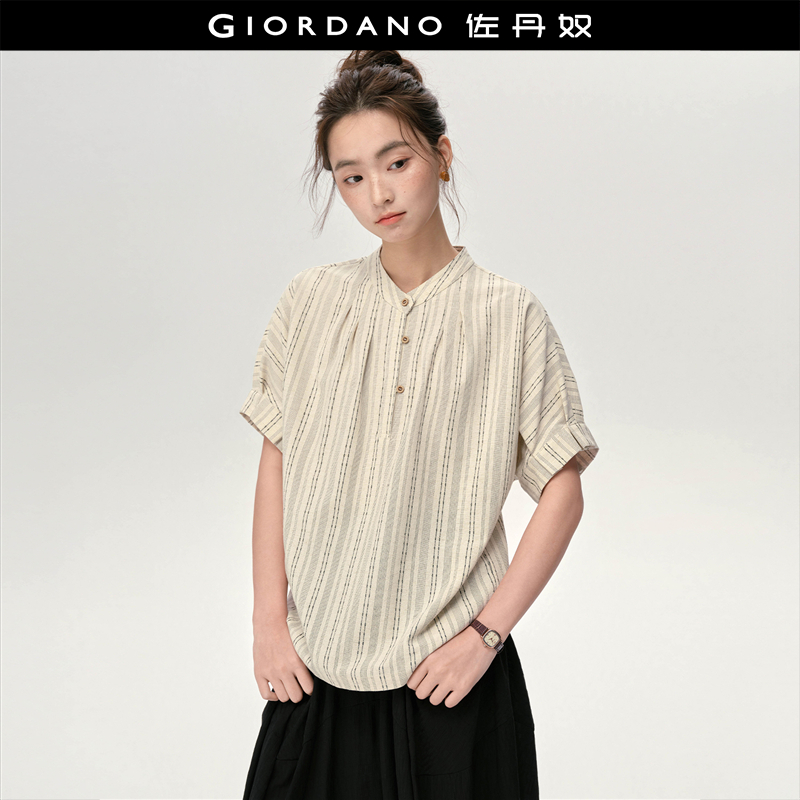 佐丹奴衬衫女装条纹仿麻小立领半开襟花边短袖衬衫 18345816