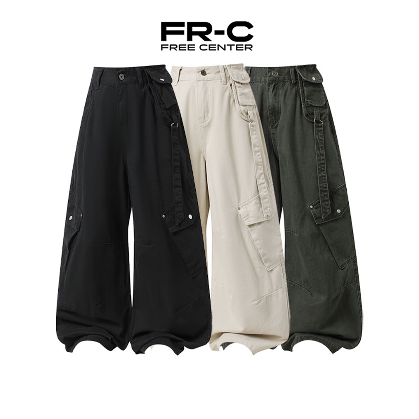 FREE CENTER美式复古多口袋工装裤男女同款水洗宽松直筒阔腿裤潮