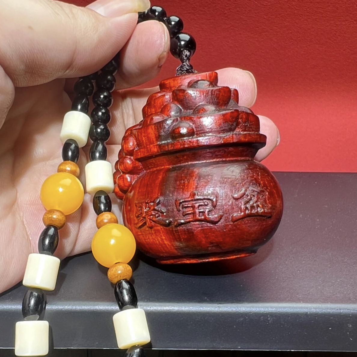 小叶紫檀聚宝盆手把件（无礼盒）