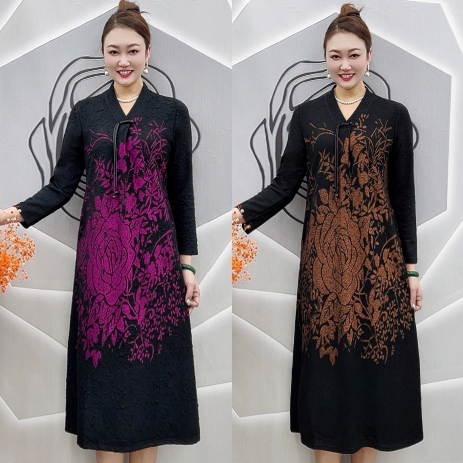 1611   新中式时尚浮雕牡丹古韵连衣裙