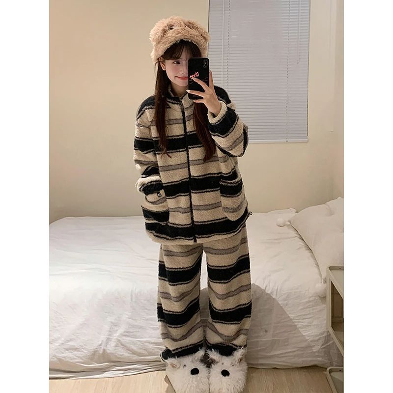 冬季半边绒睡衣女立领条纹加绒加厚保暖珊瑚绒甜美家居服套装外穿