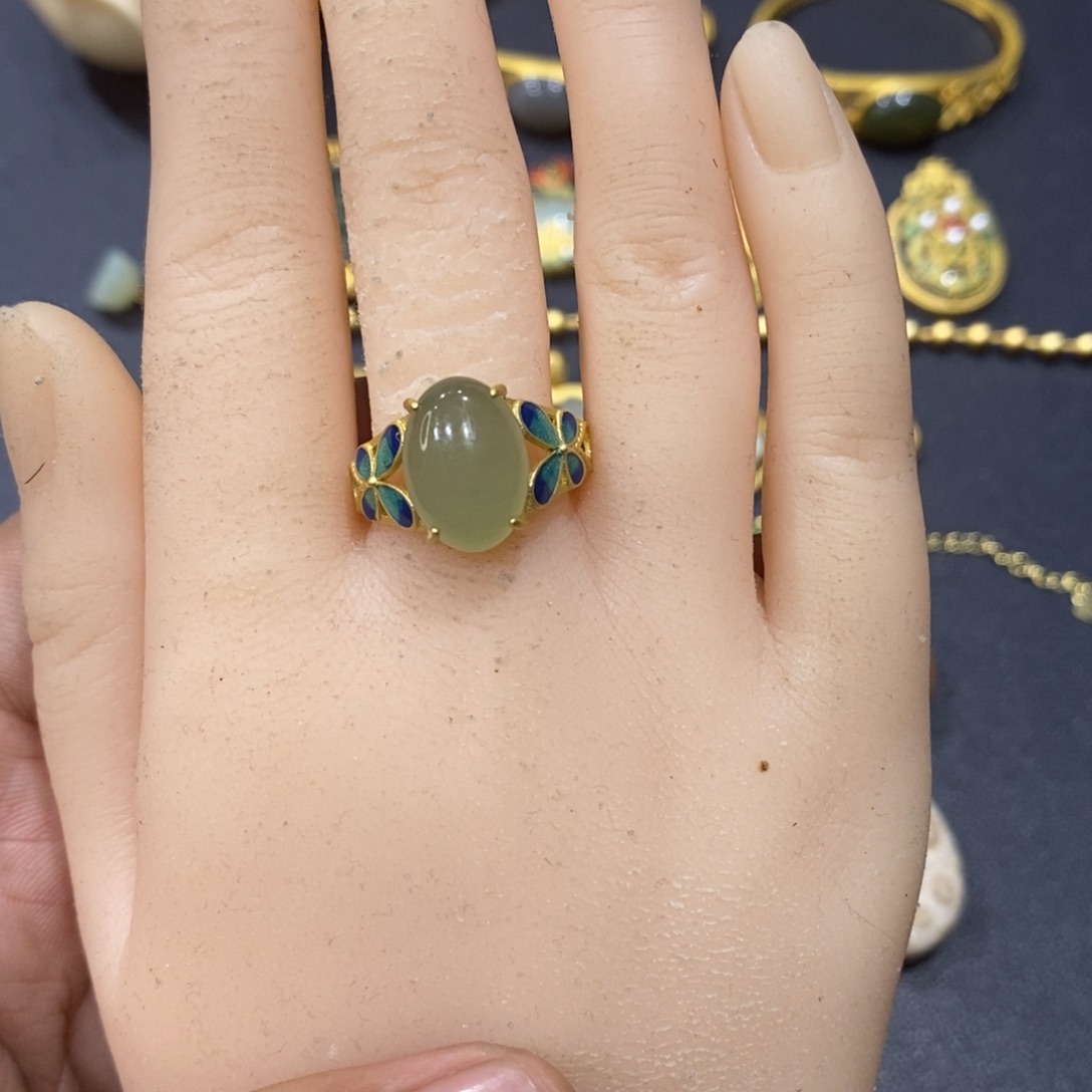 和田玉戒指银S925镀金镶嵌