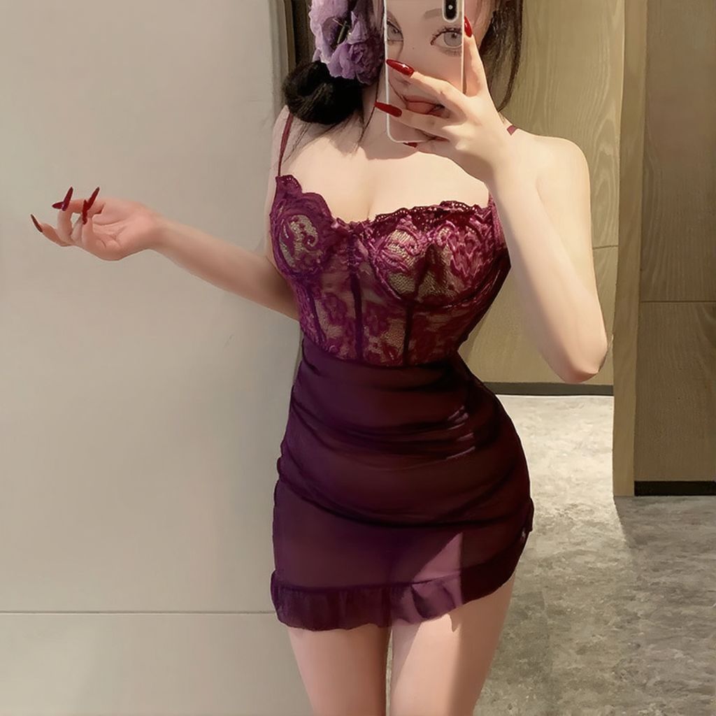 维纳斯Mimi女甜美无袖裙子吊带裙针织蕾丝V领透明睡衣性感睡裙