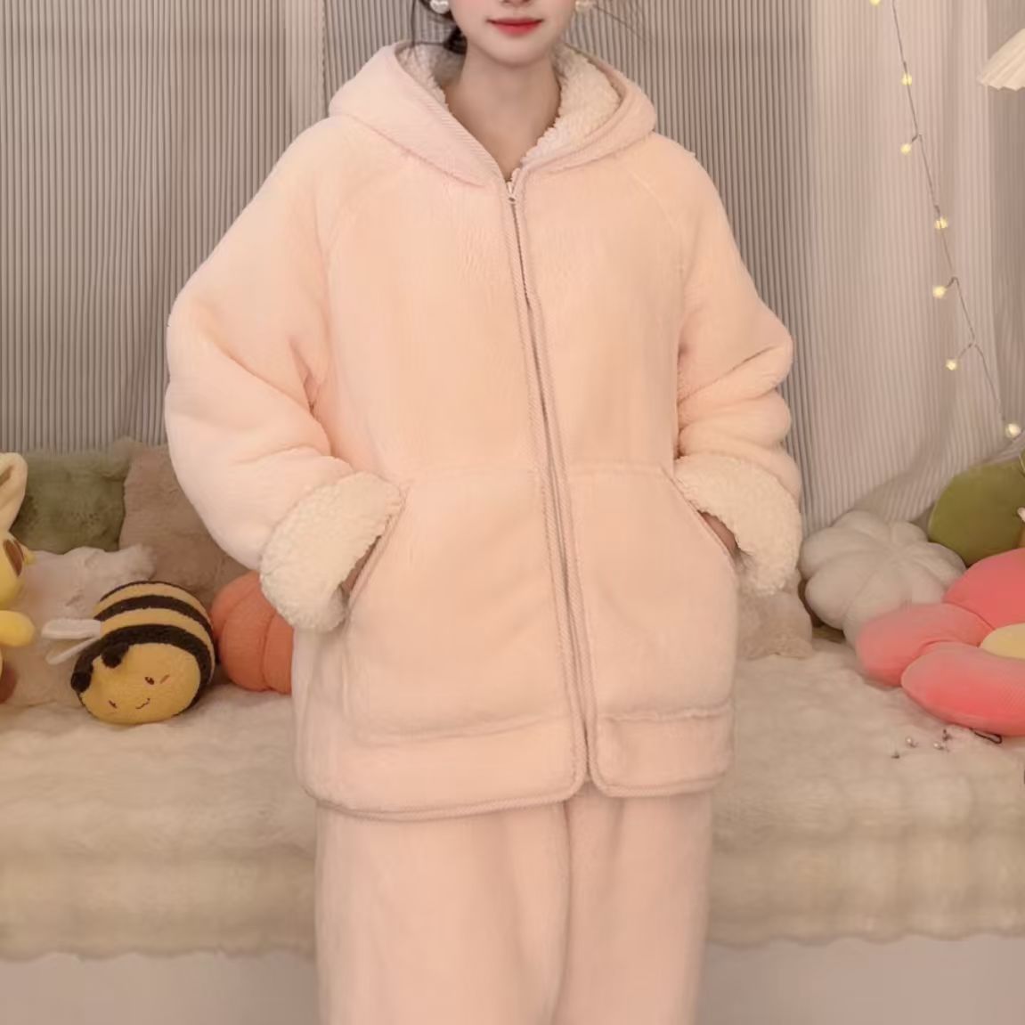 双层复合加厚保暖松紧带条纹女睡衣家居服套装时尚冬款上衣套装
