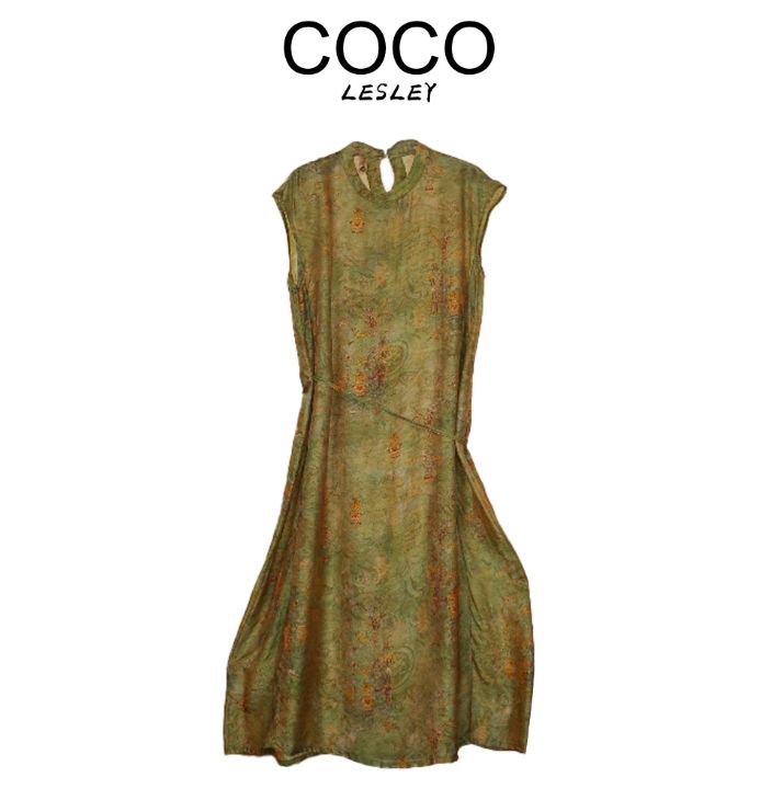 系带轻职风法式炒色提花连衣裙国风绿色设计师印花