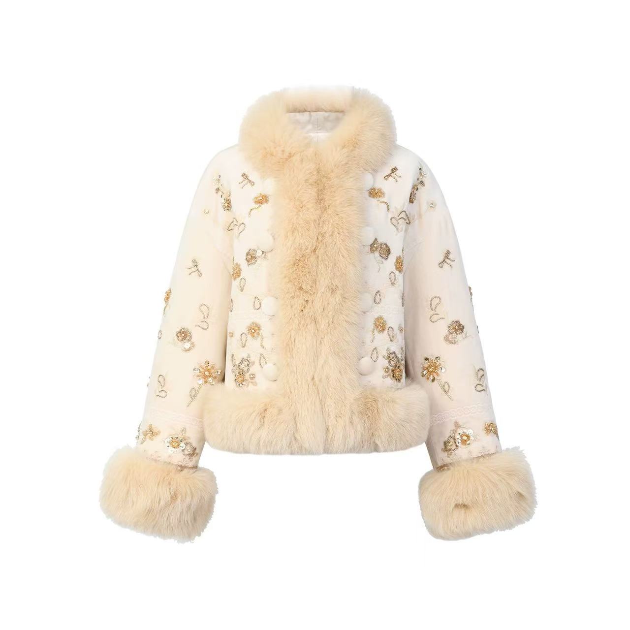 LeFame/拉飞姆25冬时尚中式千金狐狸毛拼接绣花外套LF25D02KC191