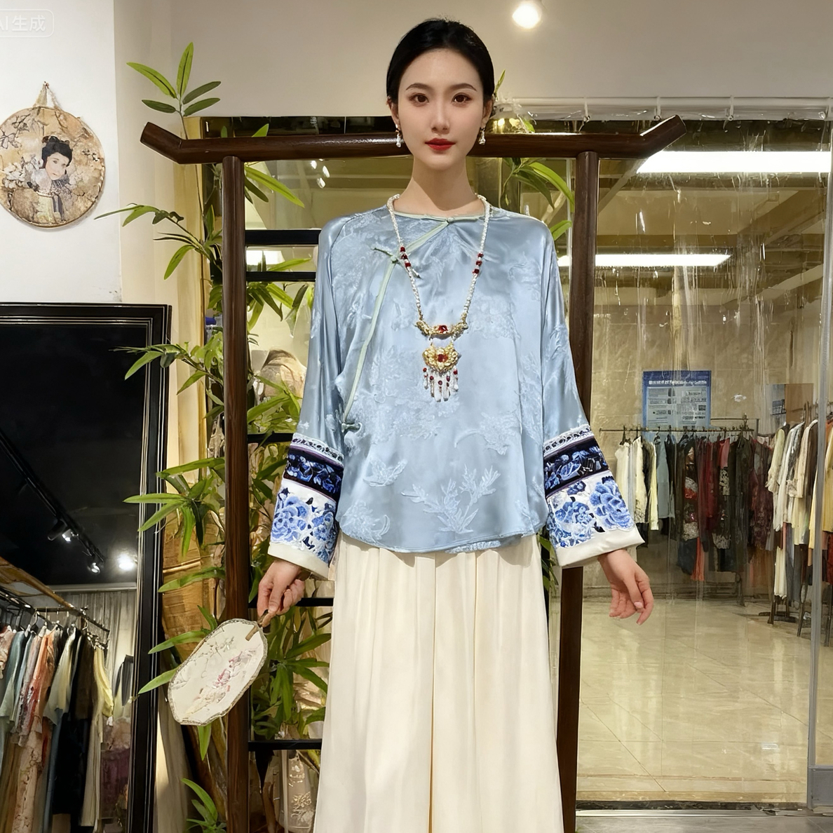 桑蚕丝人丝提花圆领刺绣姐姐服上衣