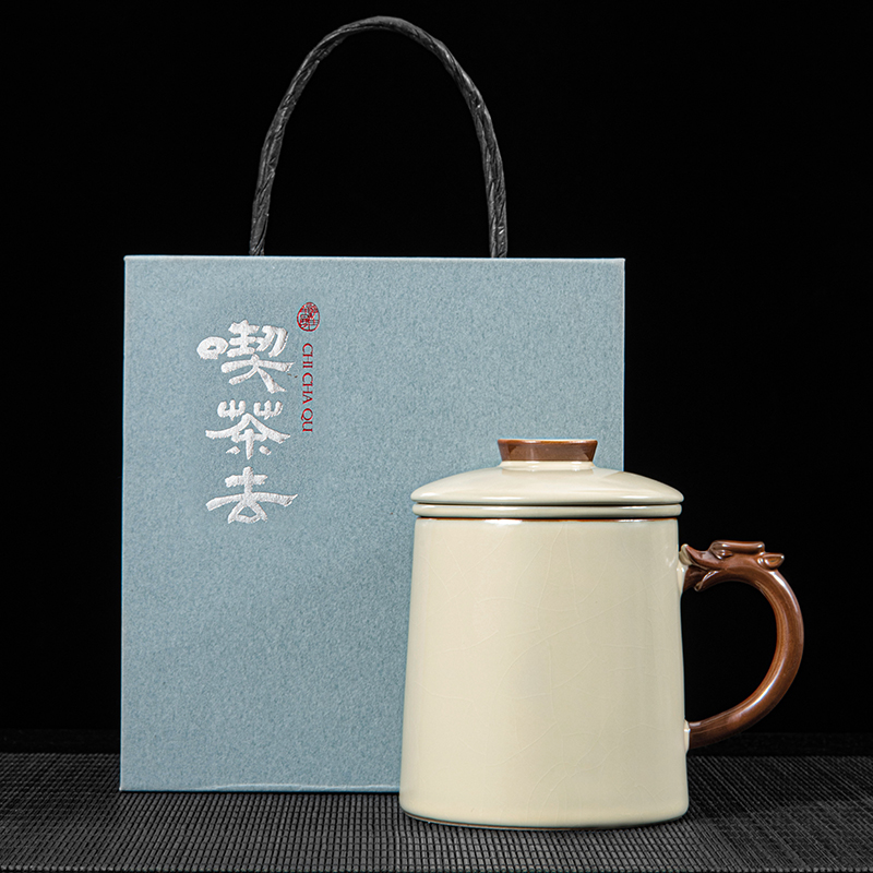 汝窑新款茶水分离泡茶杯带盖办公杯单个高档礼盒装可定制logo刻字