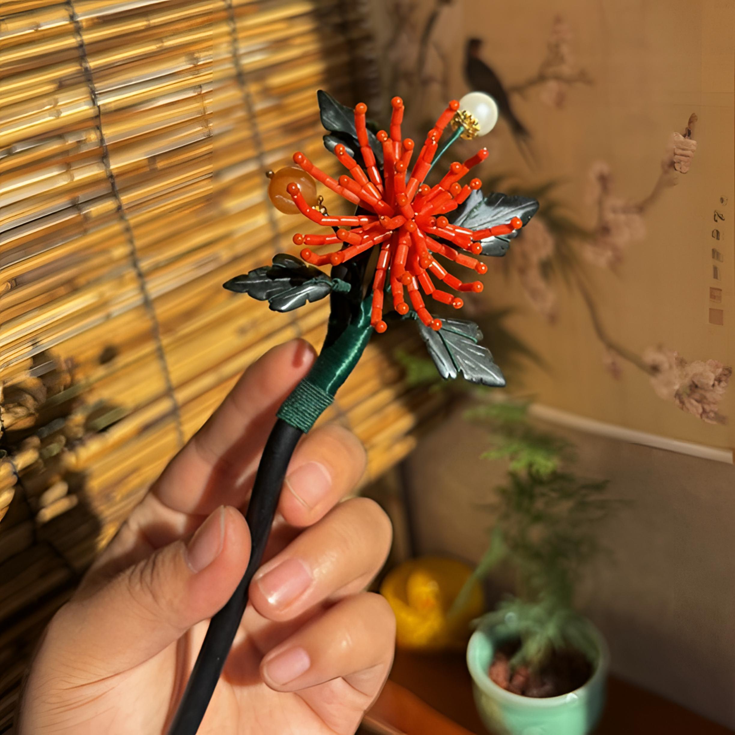 古典簪发手工木簪菊花红色古风复古气质百搭简约日常中国风素款