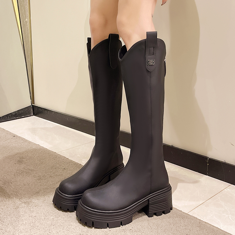 增高7CM~瘦瘦靴厚底2025新款靴子冬季小个子时装靴中筒后拉链加绒