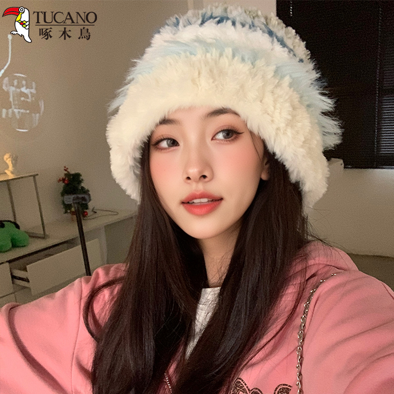 啄木鳥加厚毛绒绒针织帽子女秋冬款防寒毛线帽保暖护耳显脸小韩版