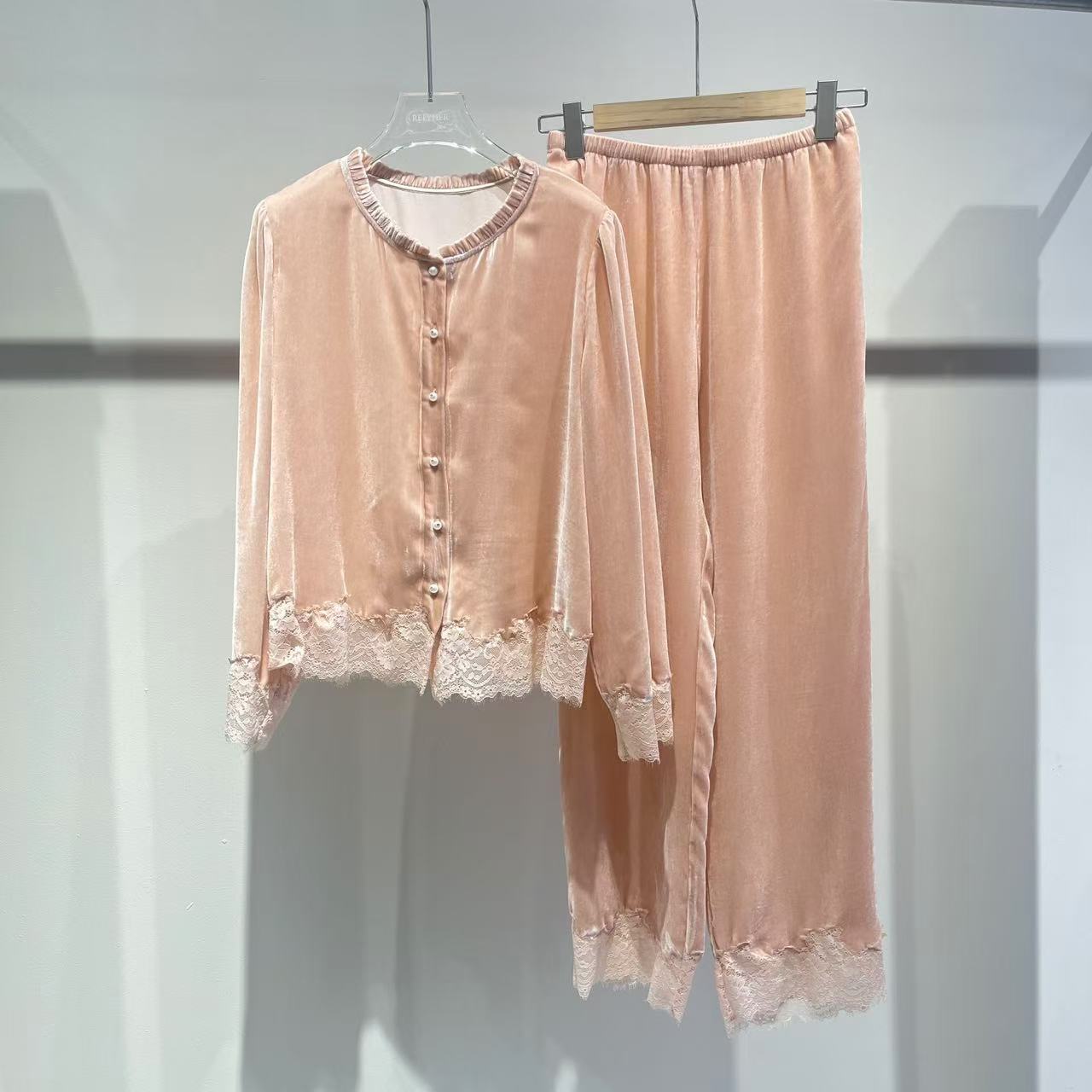 【日月禾】100%桑蚕丝真丝丝绒重磅加密加厚真丝套装