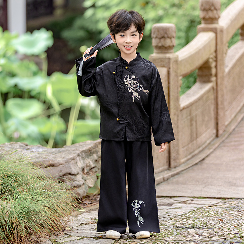 儿童唐装春秋款复古新中式汉服套装男童小学生古装长袖中秋演出服