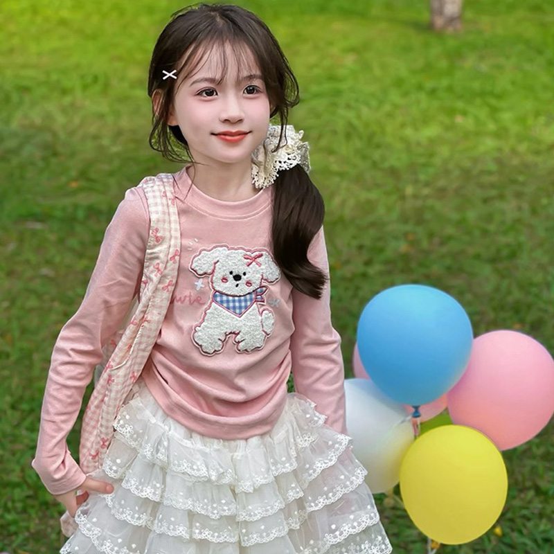 女童T恤2025春季新款植绒卡通小狗刺绣儿童长袖上衣设计感打底衫