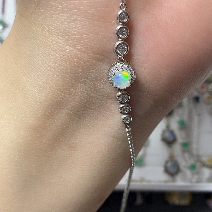 烟晶手链银S925镶嵌925银镶嵌欧泊手链