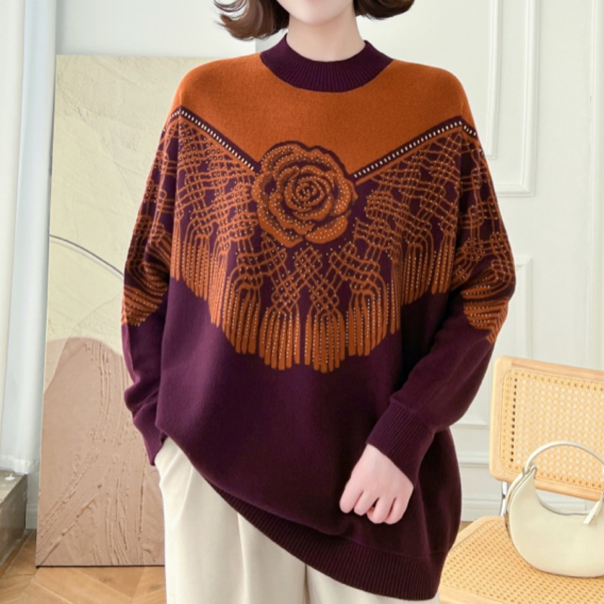 610711时尚女士新款爆款长袖针织衫百搭宽松圆领秋冬拼色慵懒