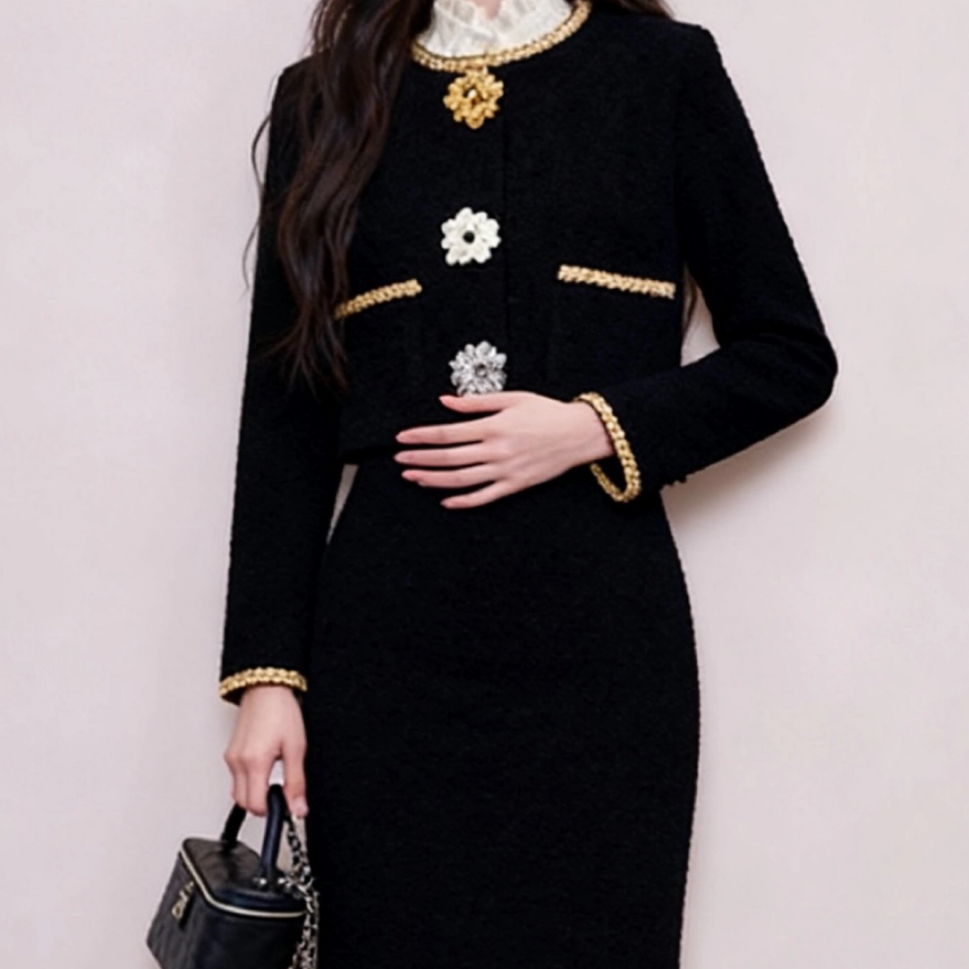 冬季高级感小香风名媛气质长袖上衣高腰显瘦半身裙两件套装