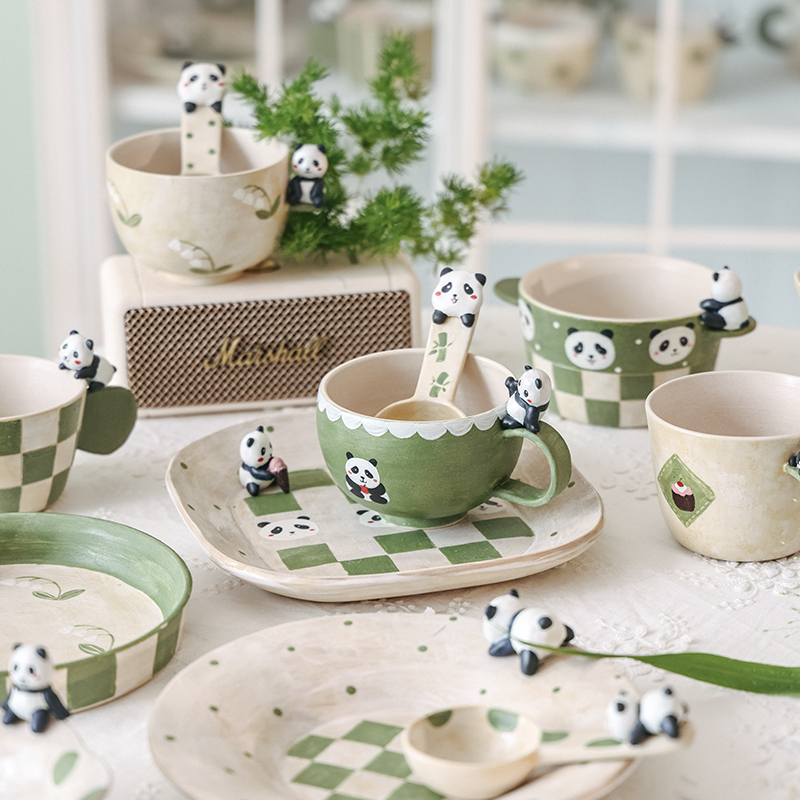 原来是泥kaka景德镇手作创意陶瓷可爱熊猫咖啡杯盘子餐具家用礼物