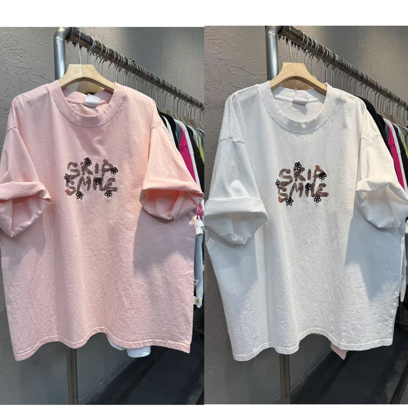 977夏季新款韩版字母刺绣小花宽松大版显瘦洋气圆领短袖T恤女