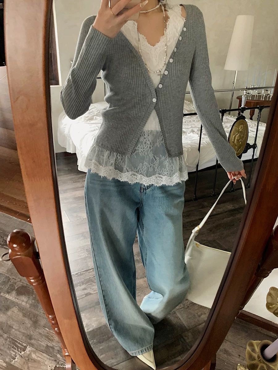 SS25809  假两件蕾丝拼接针织开衫