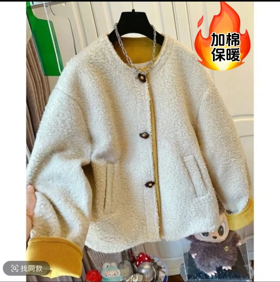 【线下爆款加厚棉服】韩系撞色圆领毛毛棉服外套