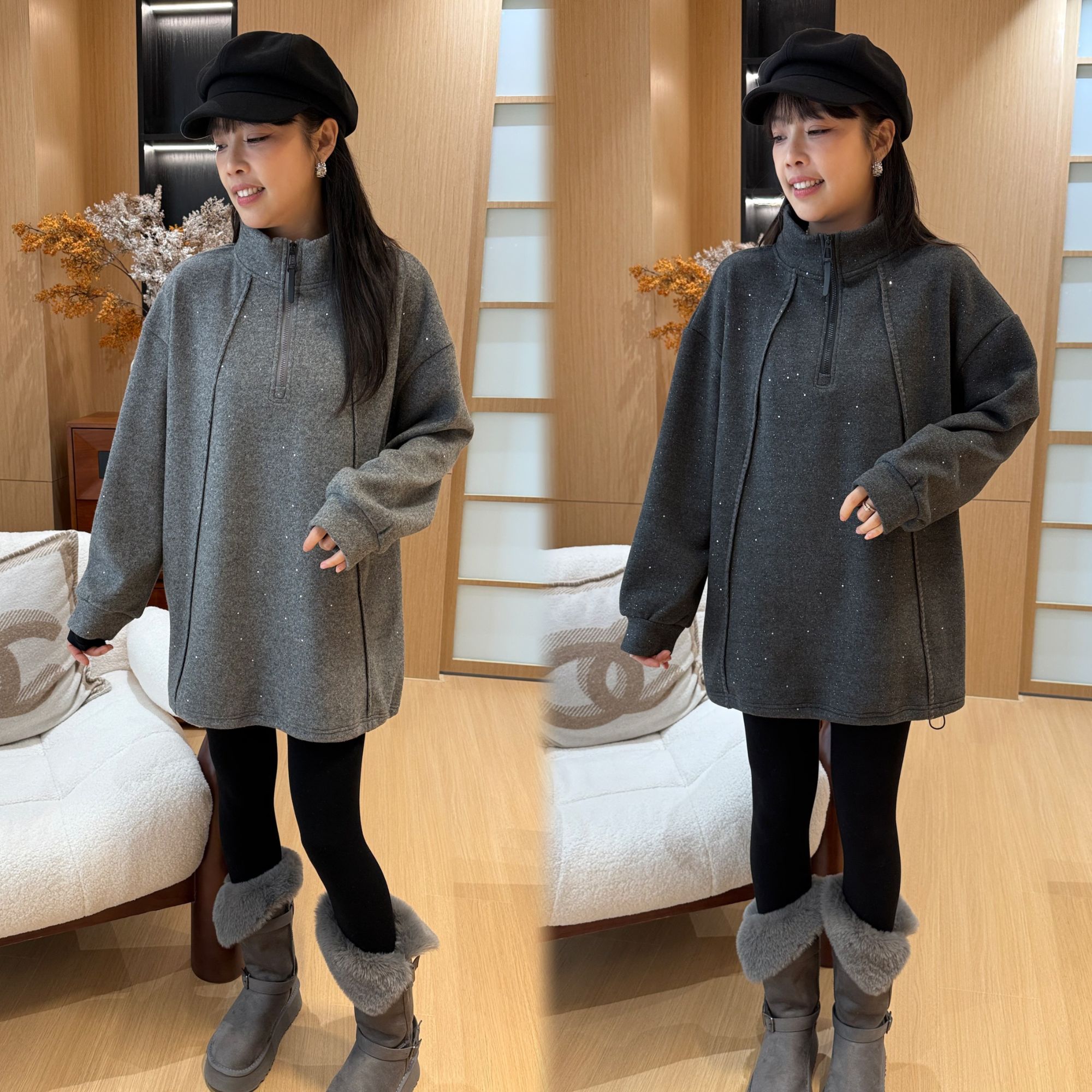 二姐的宝藏秋冬加绒细闪立领半拉链套头长袖卫衣#25503