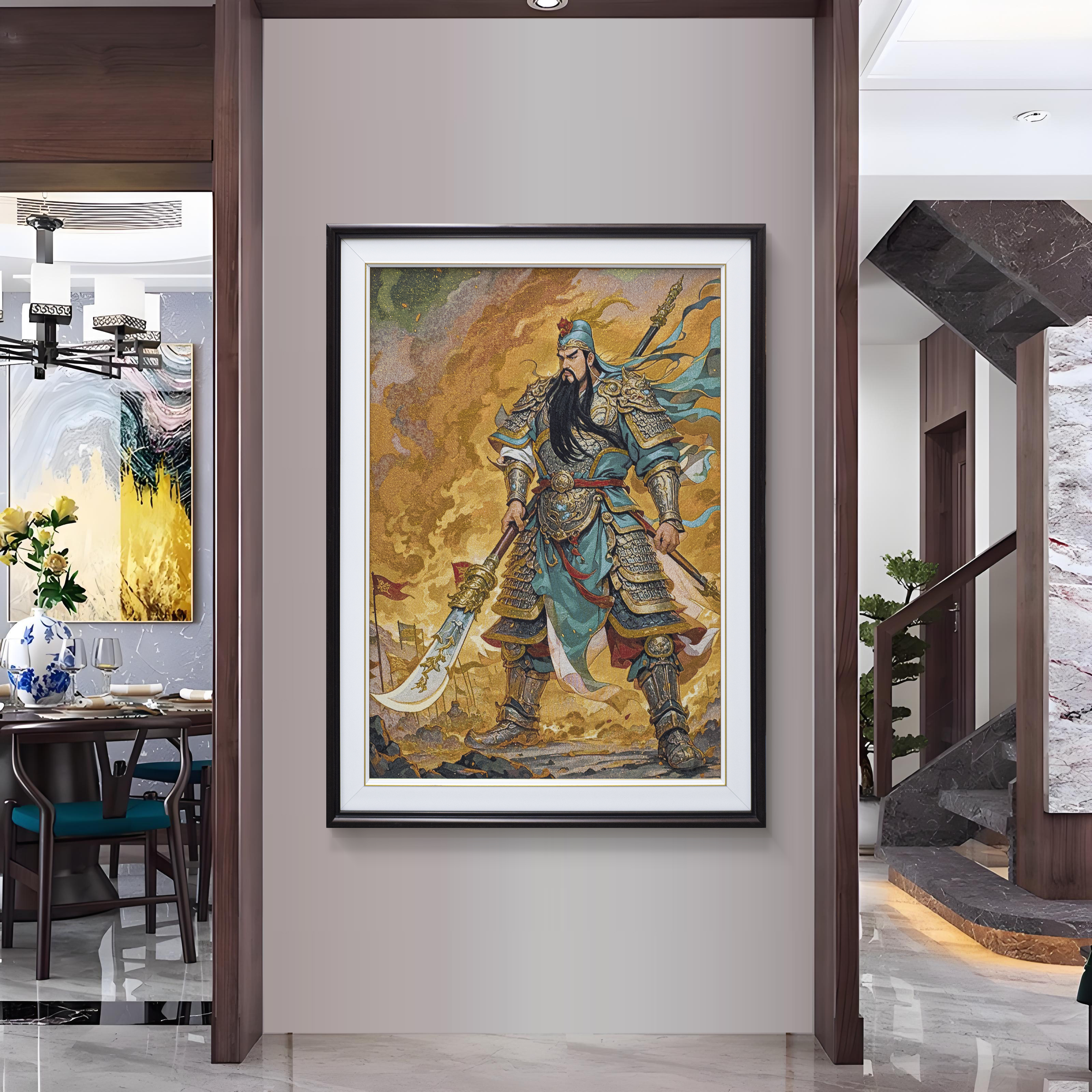 益师傅)新中式唐卡刺绣武财神关公装饰画客厅书房玄关画关公75100