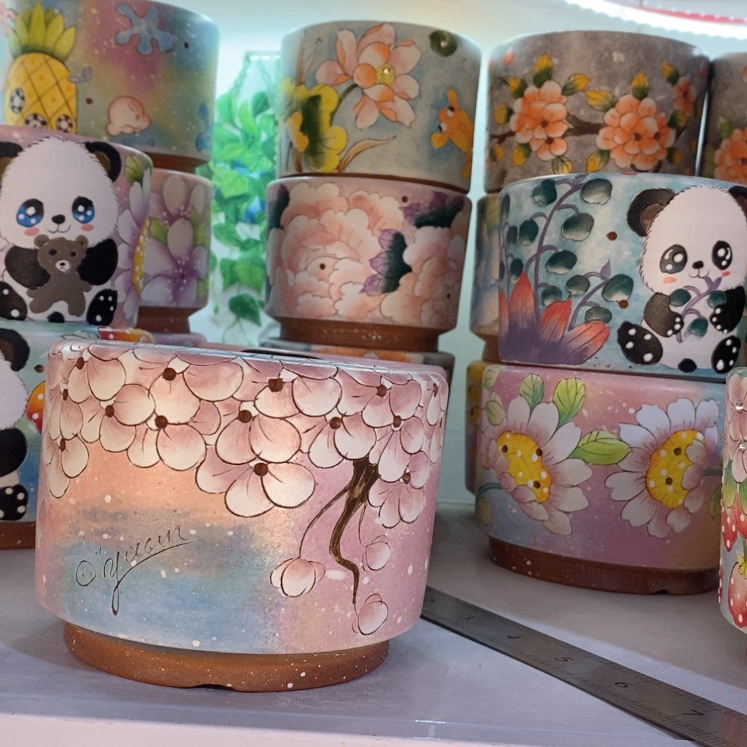 紫砂花盆红陶手绘花盆