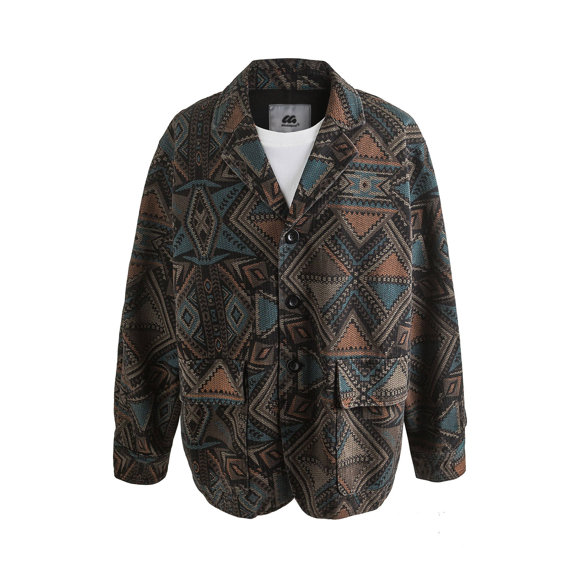 Me Da Igual春秋小众牛仔民族风印花宽松oversize西装夹克男外套