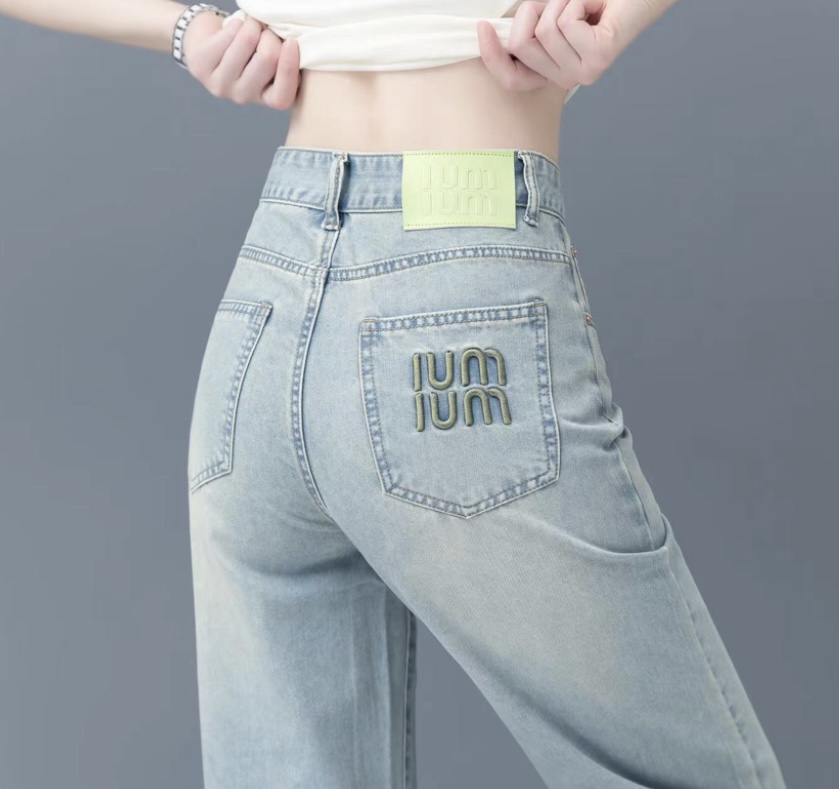 3038#后袋刺绣窄版直筒牛仔裤2025夏季薄款高腰垂感百搭女