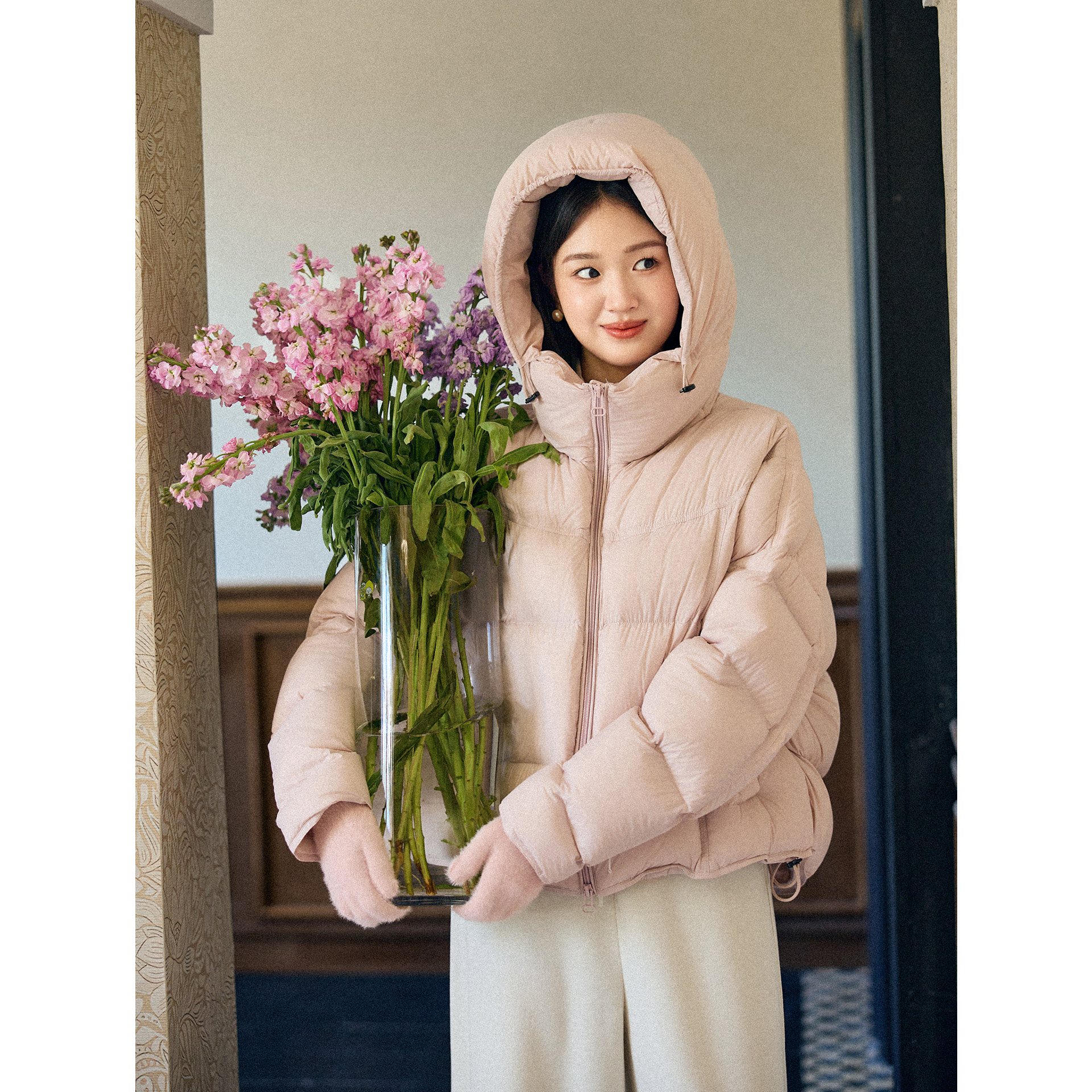 D宿本 短款连帽羽绒服2025冬季粉色上衣轻便百搭外套1541136YP