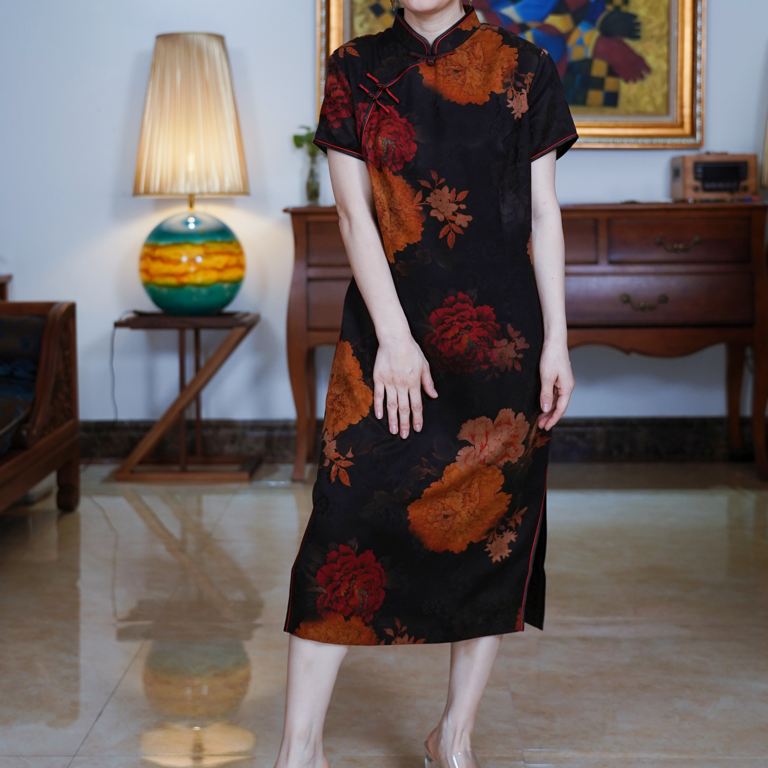 『黯然』复古中国风40姆花萝香云纱修身气质旗袍-S3Q9388