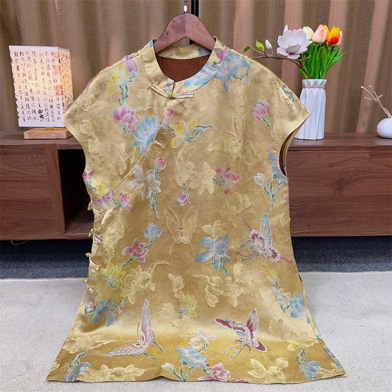 现货『金色年华』新中式国风立领奥黛短袖2025高级感时尚气质上衣