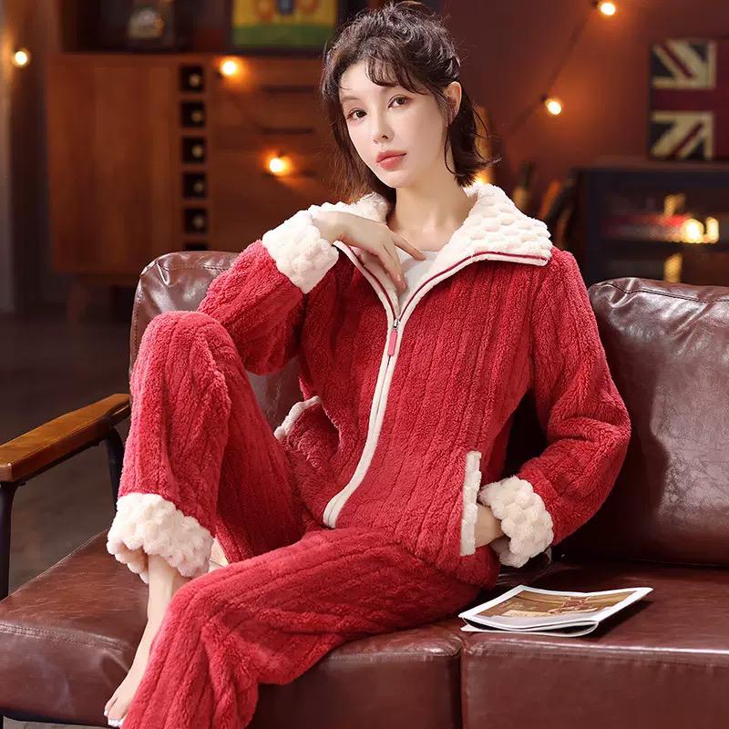 情侣睡衣冬季女生珊瑚绒批发加绒加厚翻领拉链款睡衣女家居服套装