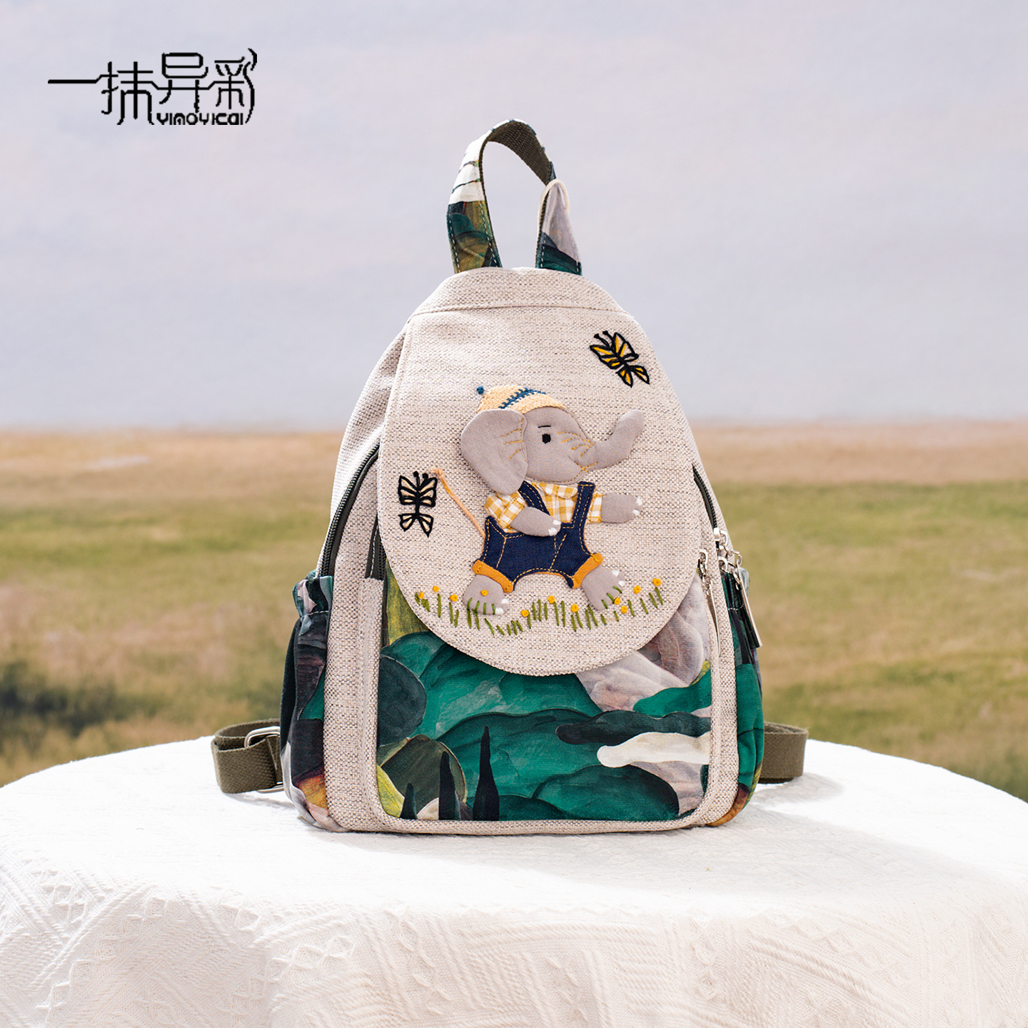 新款民族风双根文艺耐磨透气双肩包多用立体手工刺绣棉麻单肩包女