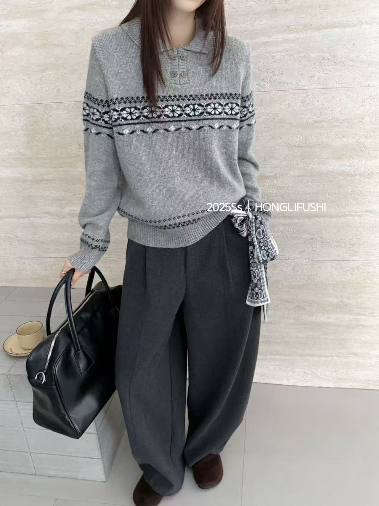 秋风微澜106复古俏皮2025时尚气质显瘦翻领毛衣百搭针织慵懒