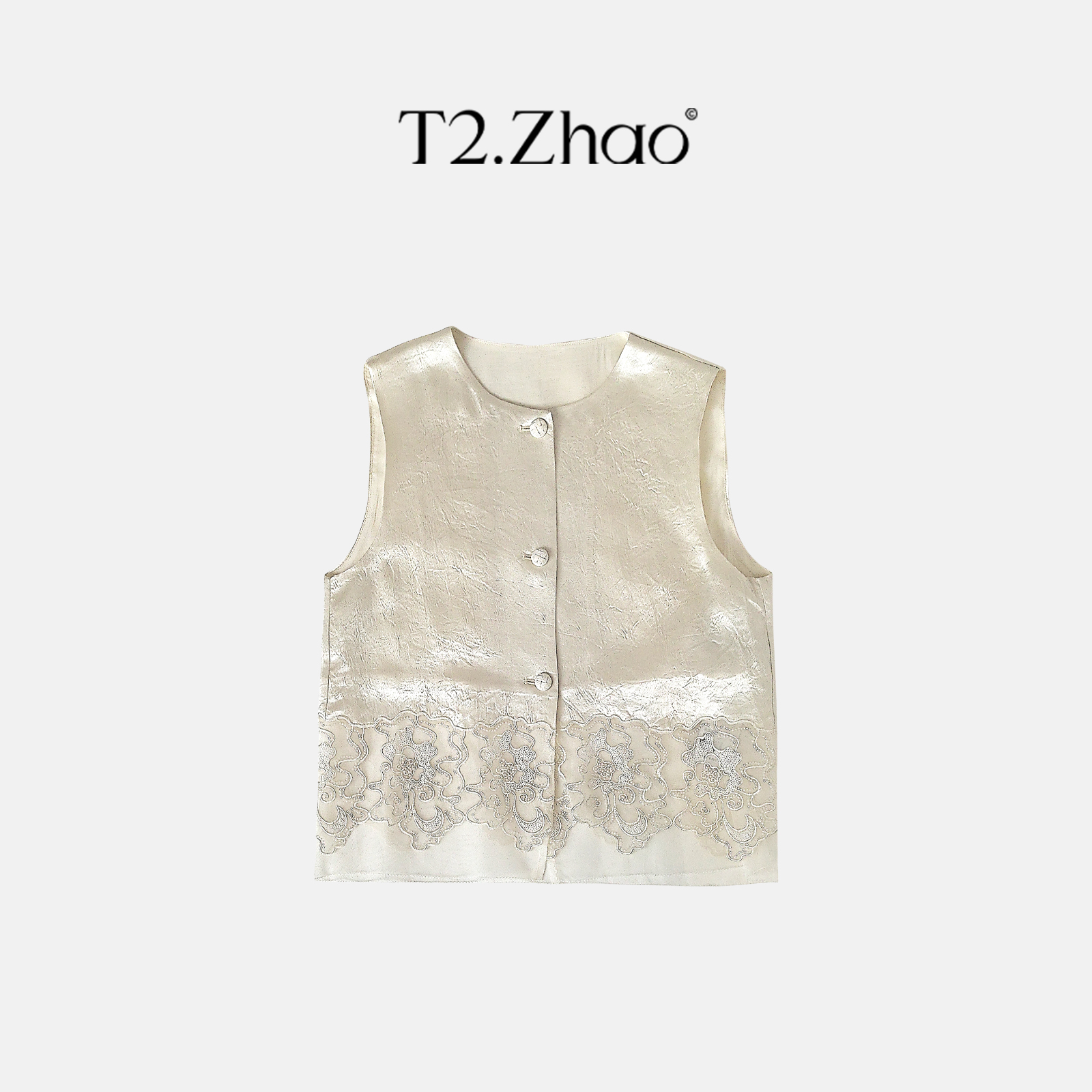 T2.ZHAO [逸彩锦裳] 圆领纽扣蕾丝下摆醋酸马甲外套0228