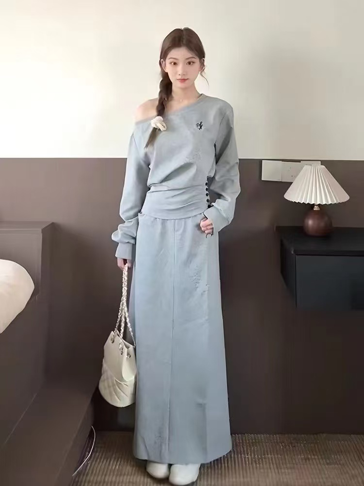 【莹莹推荐】开春穿搭女装黑色斜肩卫衣休闲运动两件套