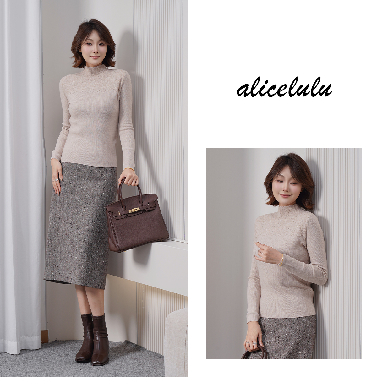 alicelulu 樱花隧道.立领烫钻打底衫 温柔法式 S2145519U