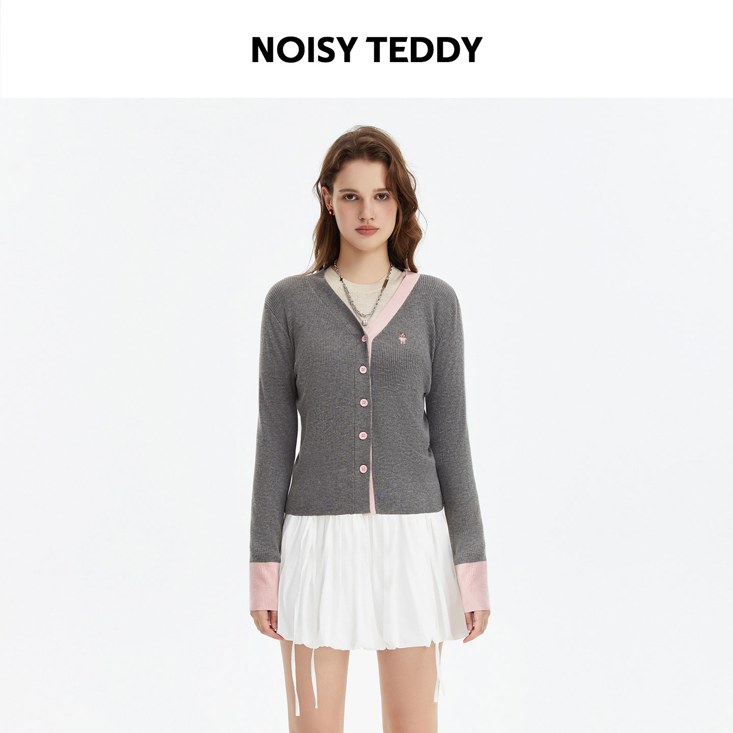NOISY TEDDY学院风刺绣小熊撞色针织开衫简约百搭秋冬毛衣外套女