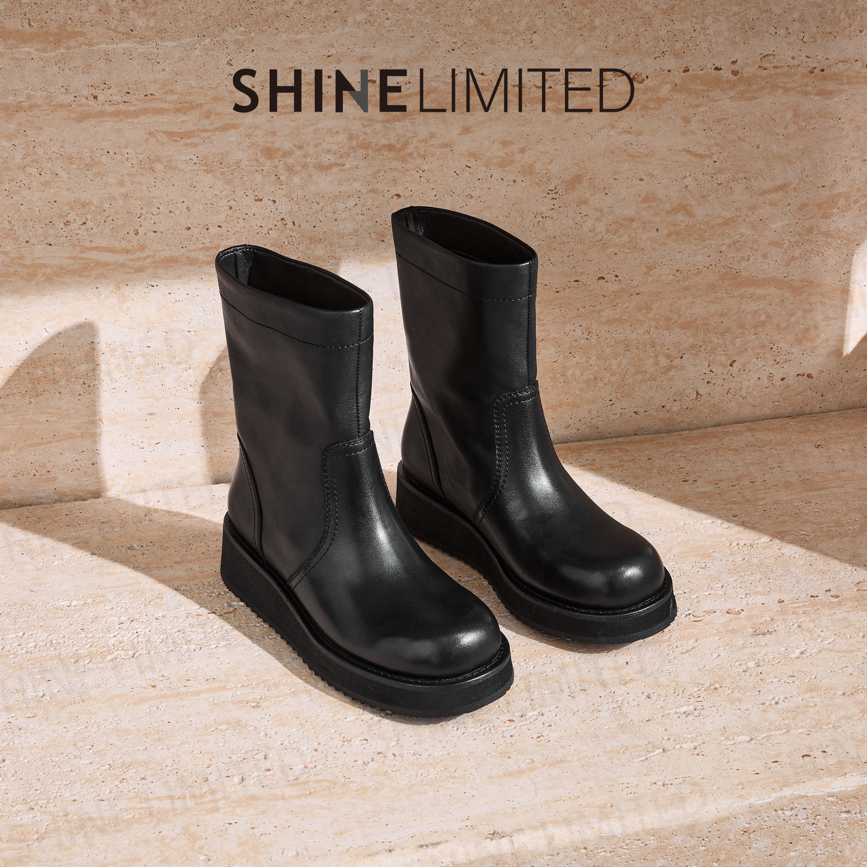 SHINELIMITED2025年欧洲站冬季真皮休闲百搭厚底粗跟短靴女G3116